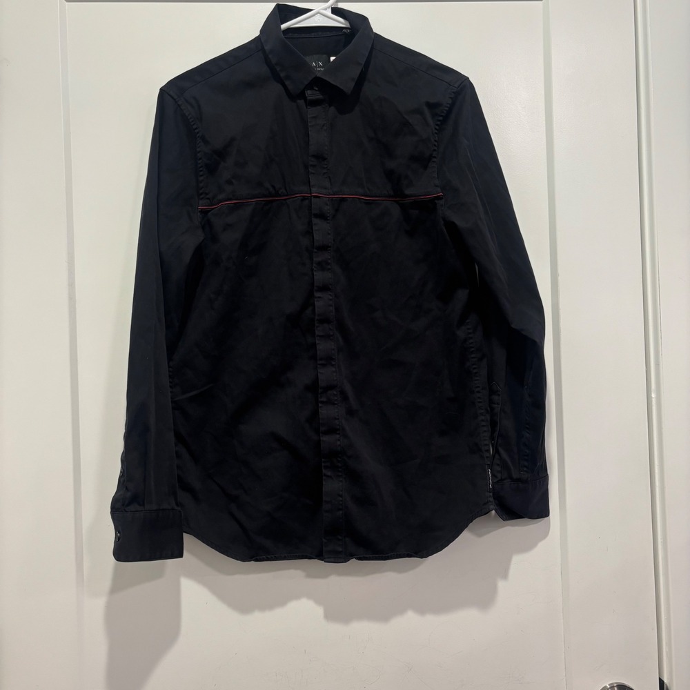 Armani Exchange Mens Black Long Sleeve Button Down Shirt Red Accent Line Size S